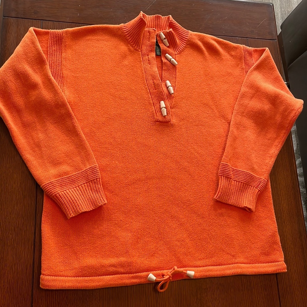 LAUREN by RALPH LAUREN Cotton Sweater Large Orange Heavy chunky knit toggle